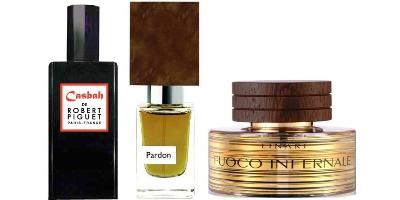 Robert Piguet Casbah, Nasomatto Pardon, Linari Fuoco Infernale fragrance bottles