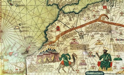 Catalan Atlas, showing North Africa with King Mansa Musa of Mali enthroned and a camel traveller