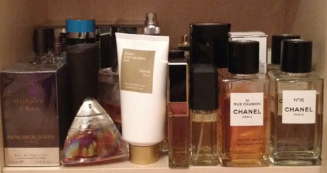 Erin's perfume shelves, bottom shelf