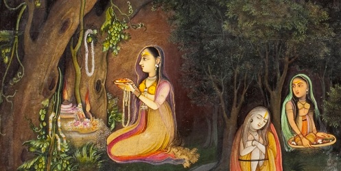 A Princess Visiting a Forest Shrine at Night